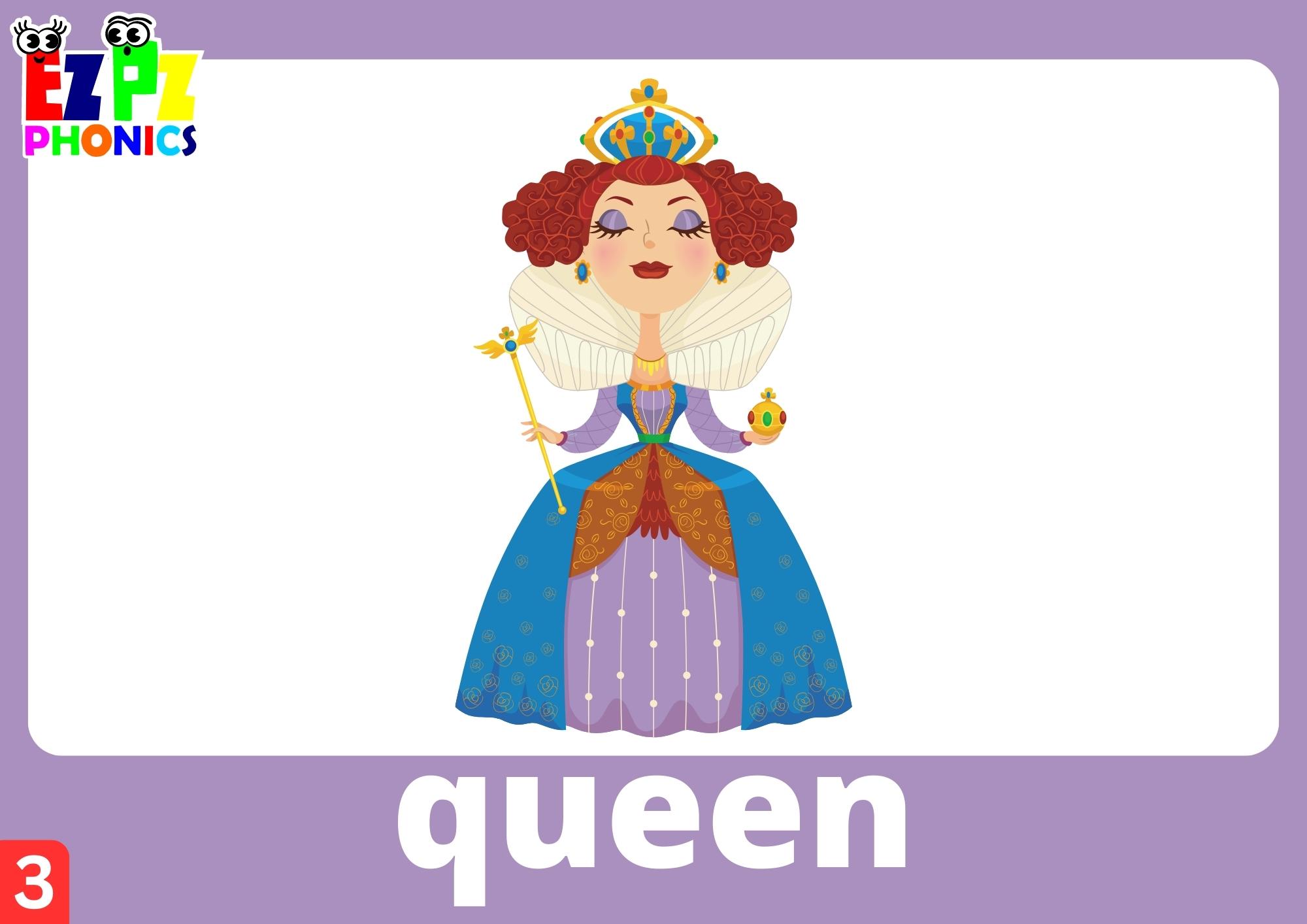 Letter Q Words Phonics Flashcards with Images and Words Free Printable PDF or View Online For Homeschool Parents and Teachers to Teach Kindergarten and Preschool Children Group 3